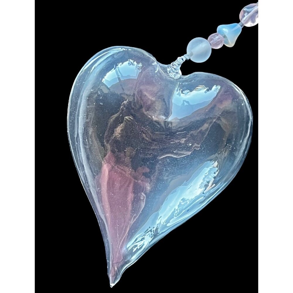 Handcrafted Clear Glass Heart Ornament With Glass Beaded Accent